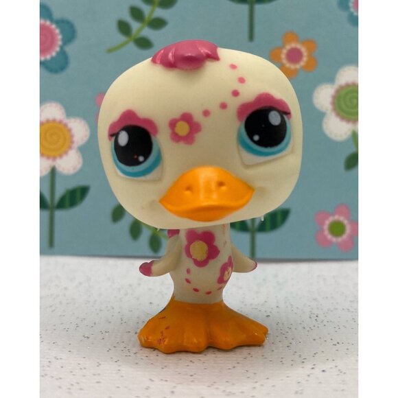 Authentic Littlest Pet Shop # 2167 Rare White Blythe Duck Pink Yellow Flowers - Picture 2 of 4